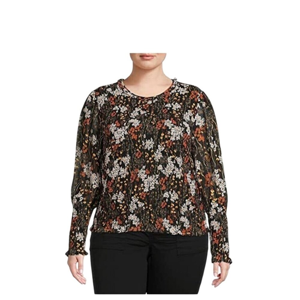 Terra & Sky Women's Plus Size 3X  Long Sleeve Smocked Floral Top Casual Career